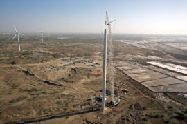 Aerial view of wind turbine construction, India.