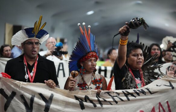 Indigenous activists at a protest in the COP30 venue in Belém, Brazil on 21 November 2025.