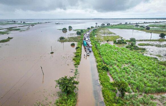 Aerial view of a flooded road and surrounded landscape, Mozambique.