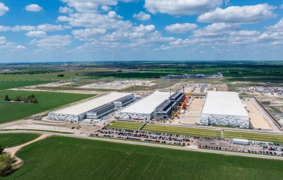 Aerial view of an AI data center campus in Hutto, Texas.