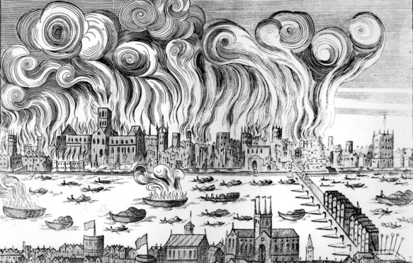 Wood cut of the Great Fire of London in 1666.