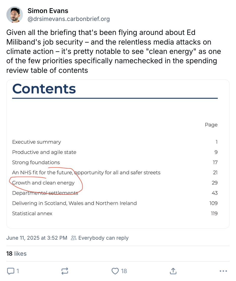 Simon Evans post on BlueSky (‪@drsimevans.carbonbrief.org‬): Given all the briefing that's been flying around about Ed Miliband's job security – and the relentless media attacks on climate action – it's pretty notable to see "clean energy" as one of the few priorities specifically namechecked in the spending review table of contents