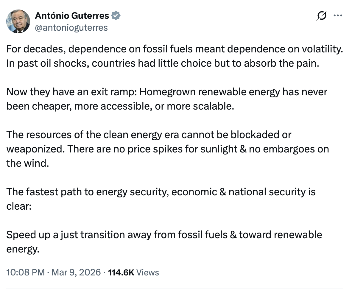 António Guterres on X: For decades, dependence on fossil fuels meant dependence on volatility